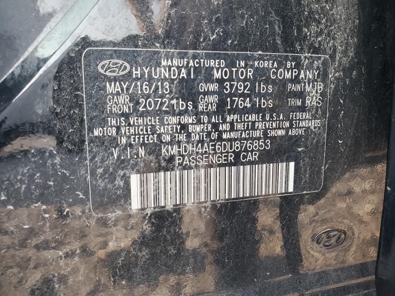 2013 Hyundai Elantra Gls VIN: KMHDH4AE6DU876853 Lot: 68789844