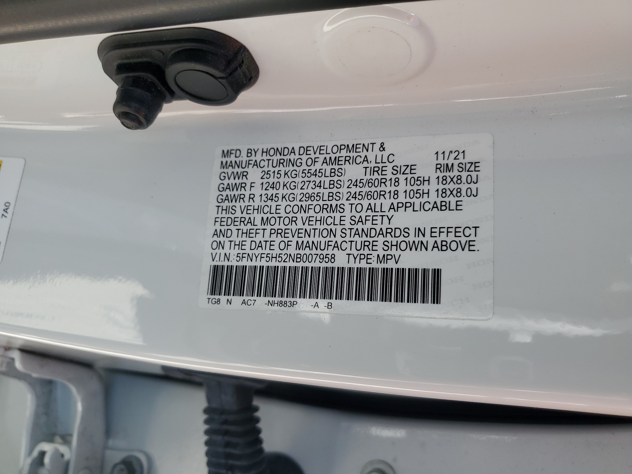 5FNYF5H52NB007958 2022 Honda Pilot Exl