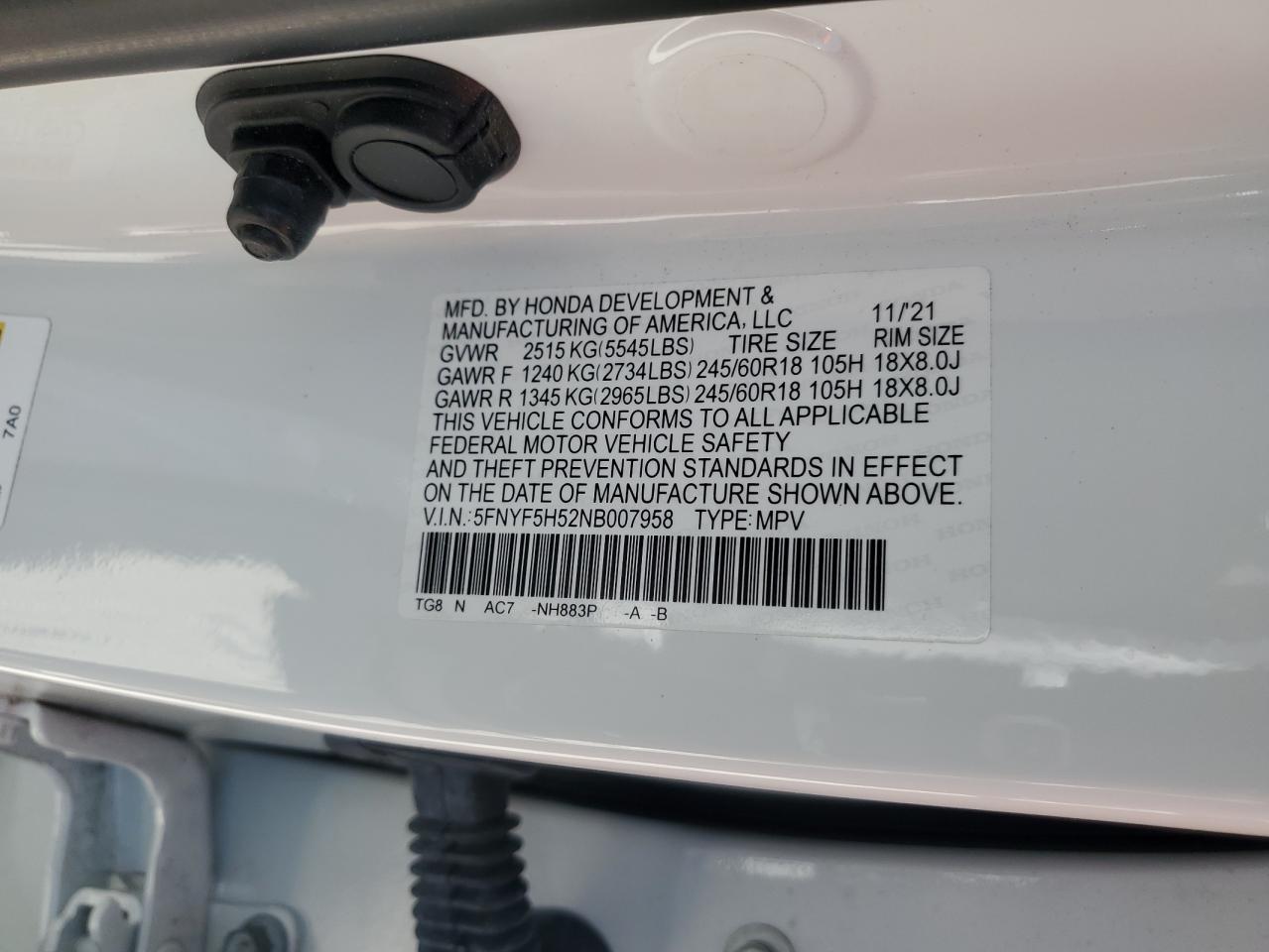 2022 Honda Pilot Exl VIN: 5FNYF5H52NB007958 Lot: 66990304