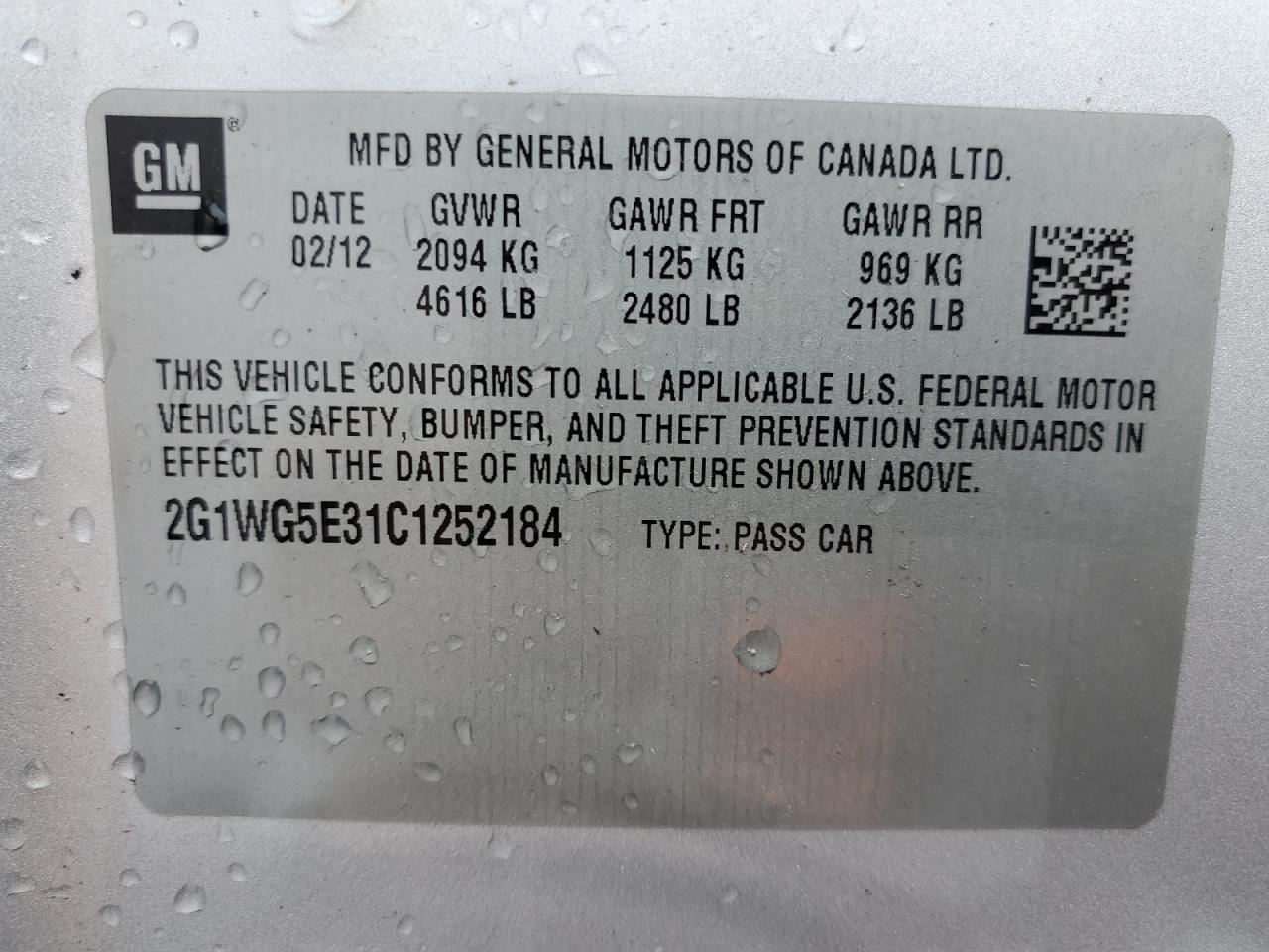 2G1WG5E31C1252184 2012 Chevrolet Impala Lt