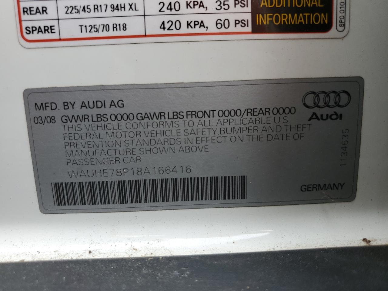 2008 Audi A3 2.0 VIN: WAUHE78P18A166416 Lot: 68515054