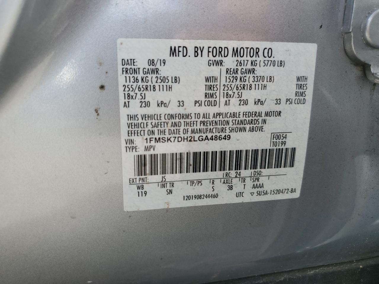 2020 Ford Explorer Xlt VIN: 1FMSK7DH2LGA48649 Lot: 67693574