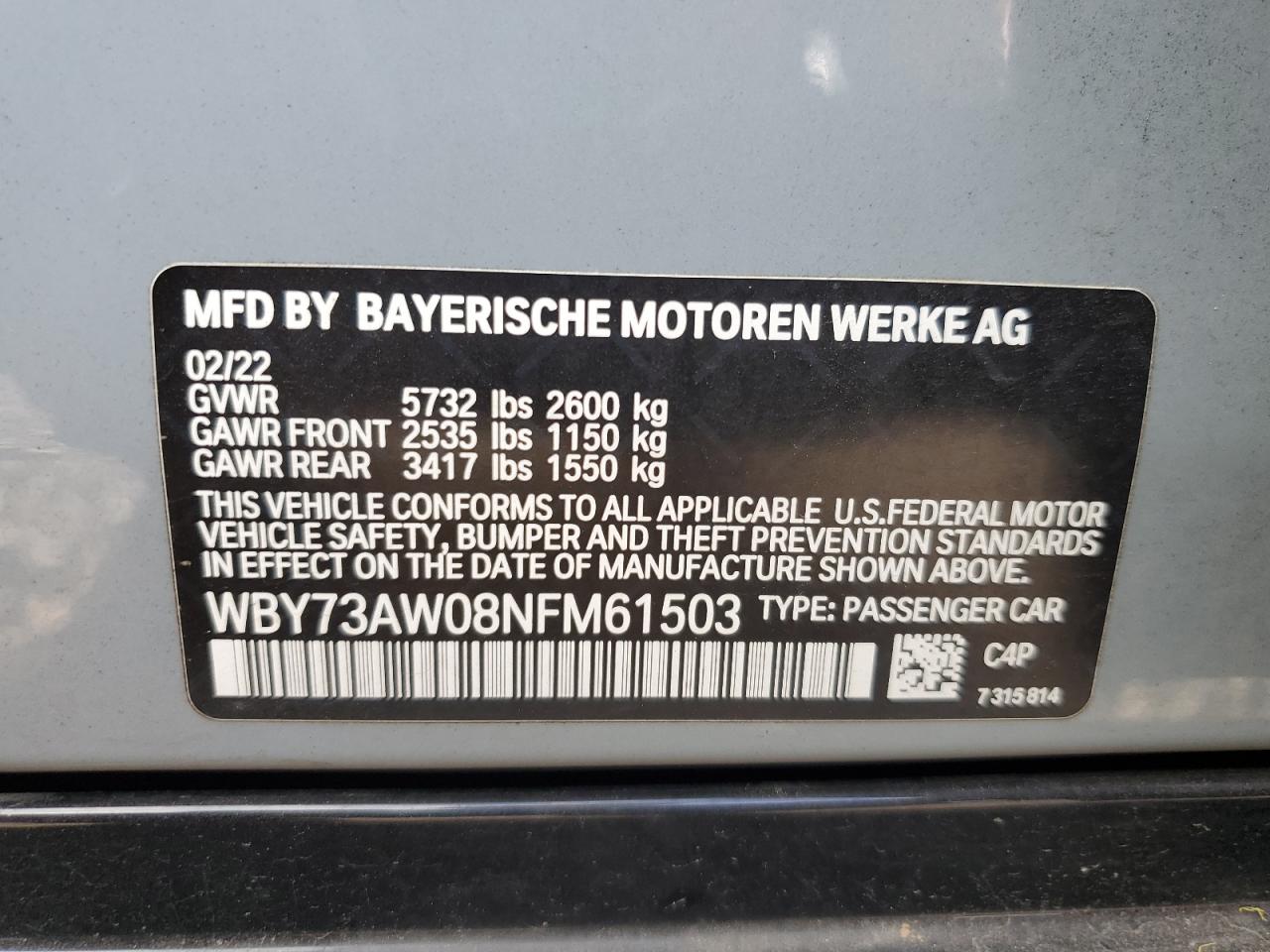 WBY73AW08NFM61503 2022 BMW I4 Edrive 40