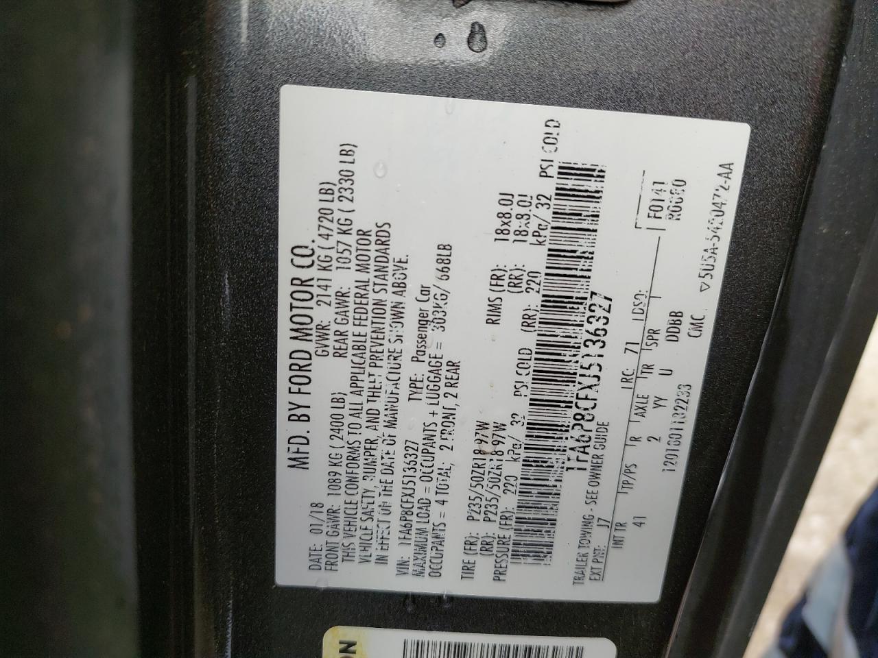 1FA6P8CFXJ5136327 - 2018 Ford MUSTANG - #67805404