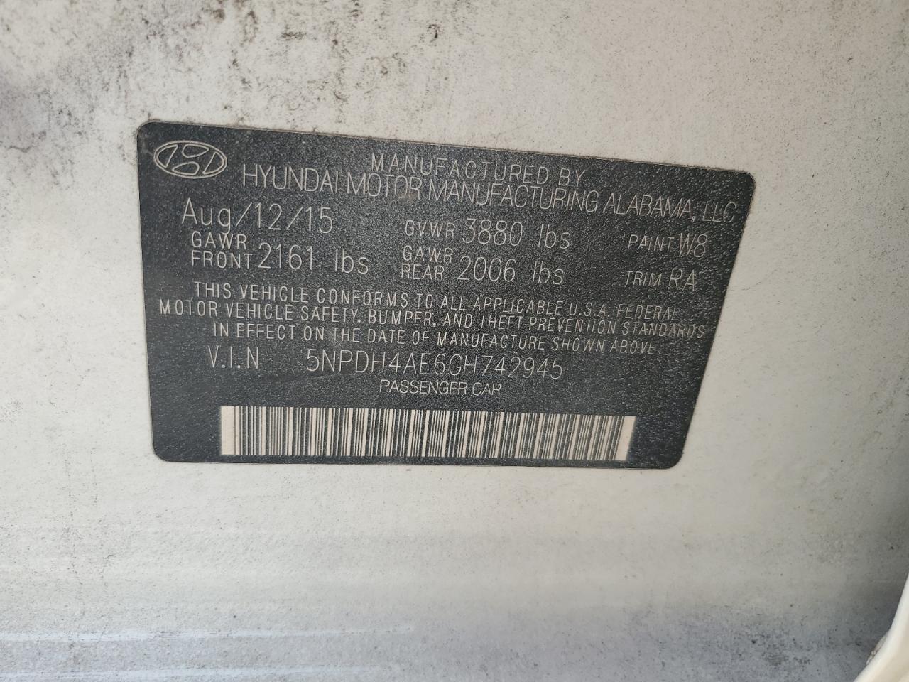 2016 Hyundai Elantra Se VIN: 5NPDH4AE6GH742945 Lot: 66916024