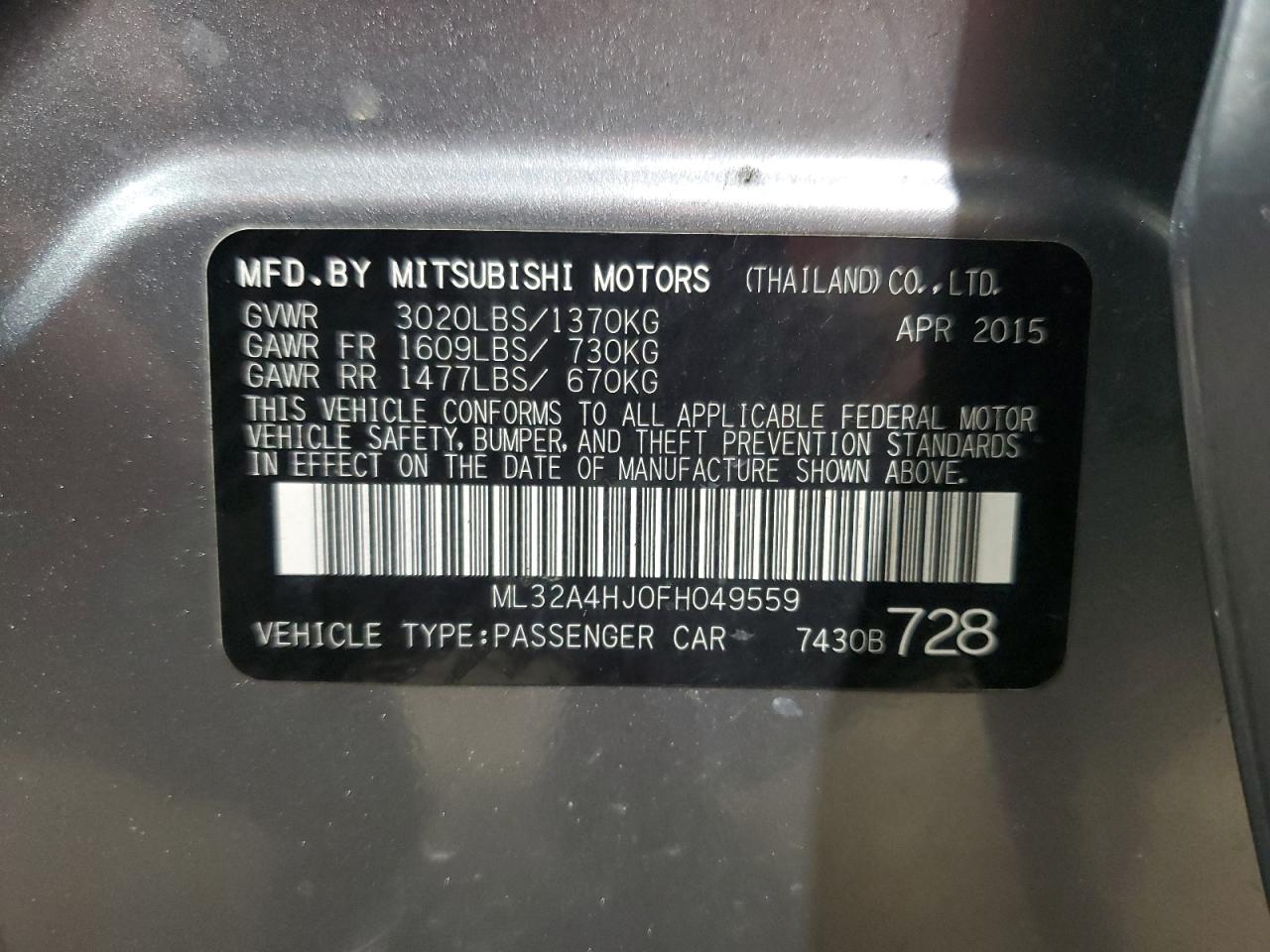 2015 Mitsubishi Mirage Es VIN: ML32A4HJ0FH049559 Lot: 68056804