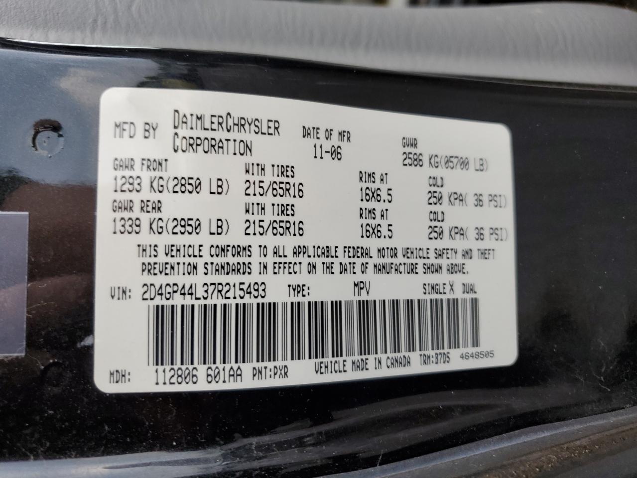 2007 Dodge Grand Caravan Sxt VIN: 2D4GP44L37R215493 Lot: 65660174