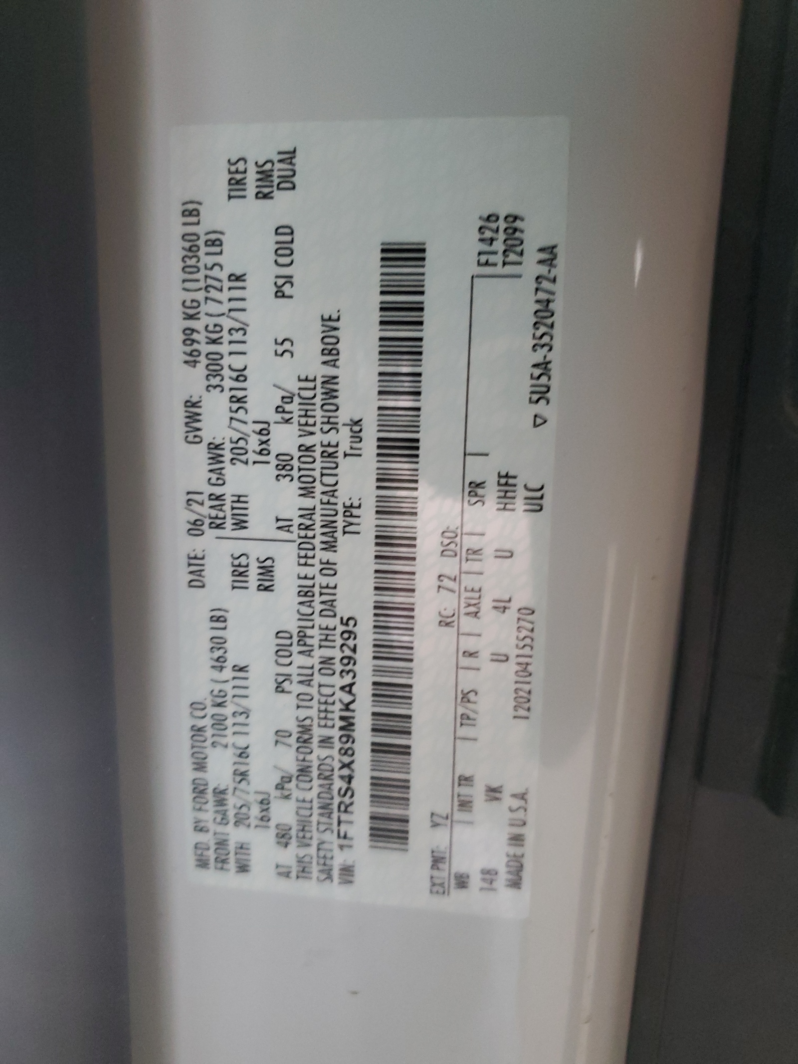 1FTRS4X89MKA39295 2021 Ford Transit T-350 Hd