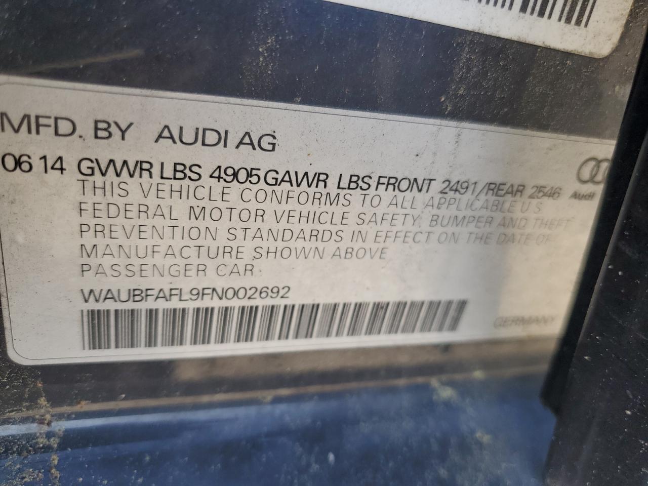 2015 Audi A4 Premium VIN: WAUBFAFL9FN002692 Lot: 67186754