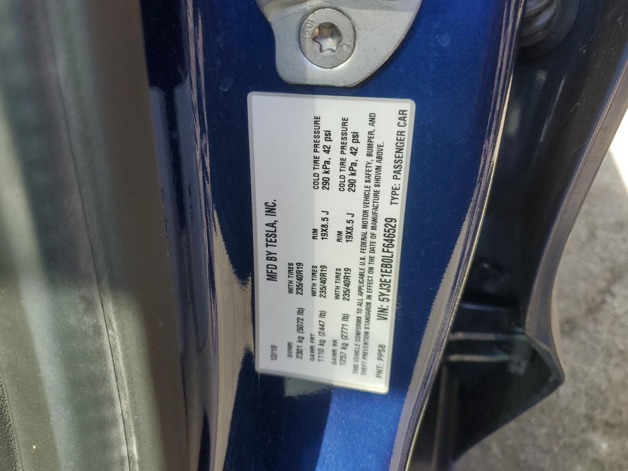 2020 Tesla Model 3 VIN: 5YJ3E1EB0LF646529 Lot: 66616404