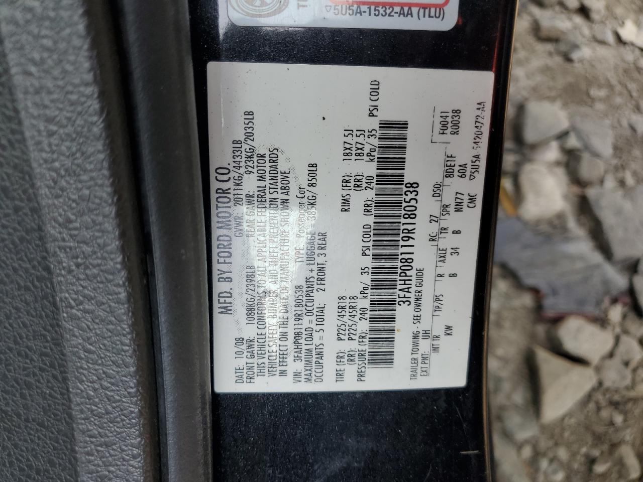 2009 Ford Fusion Sel VIN: 3FAHP08119R180538 Lot: 65978944