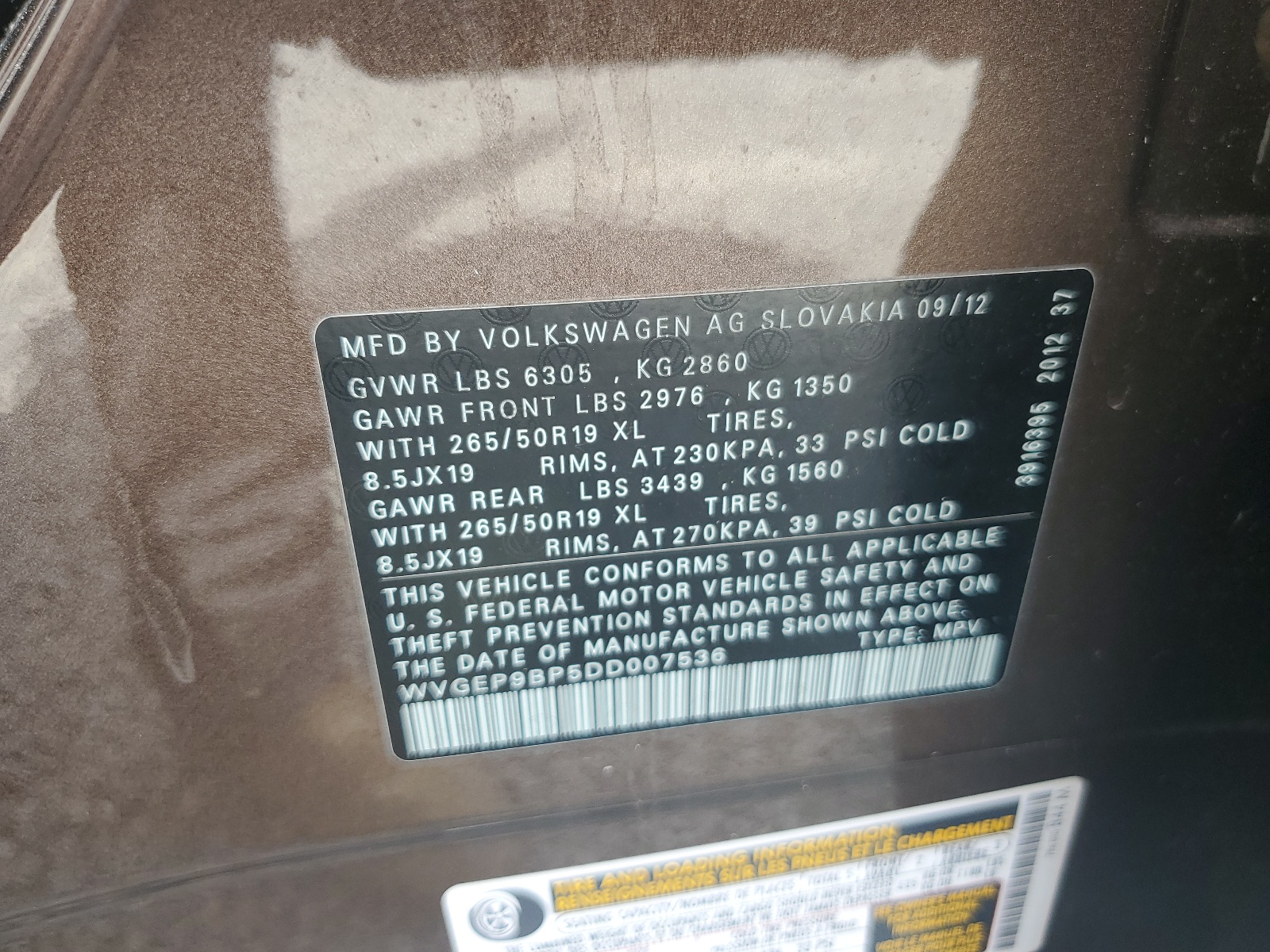 WVGEP9BP5DD007536 2013 Volkswagen Touareg V6 Tdi