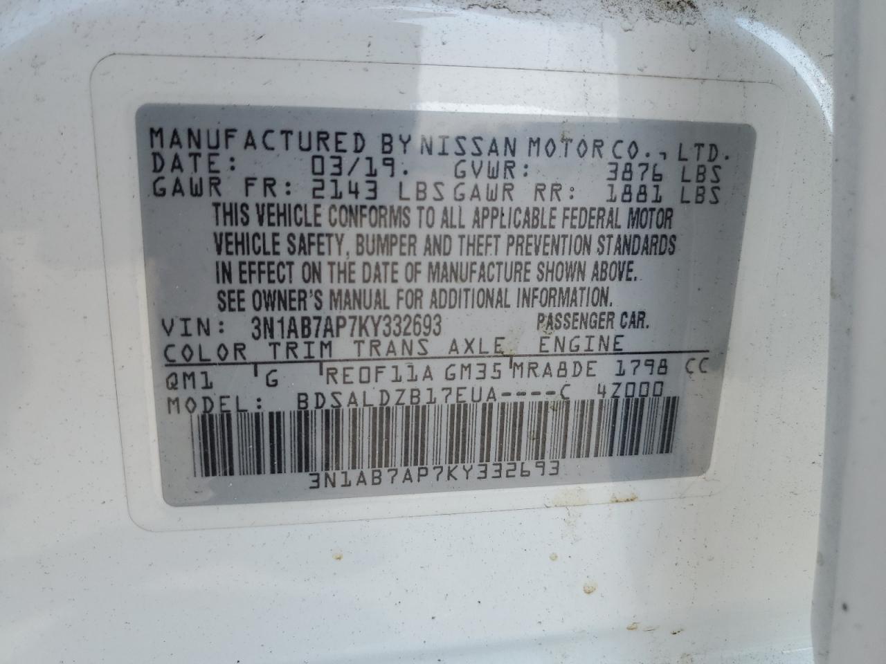 3N1AB7AP7KY332693 2019 Nissan Sentra S