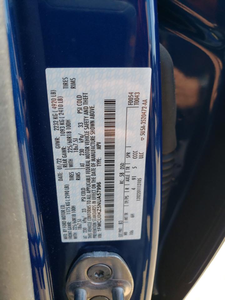 2022 Ford Escape Sel VIN: 1FMCU0KZ5NUA57996 Lot: 65988704