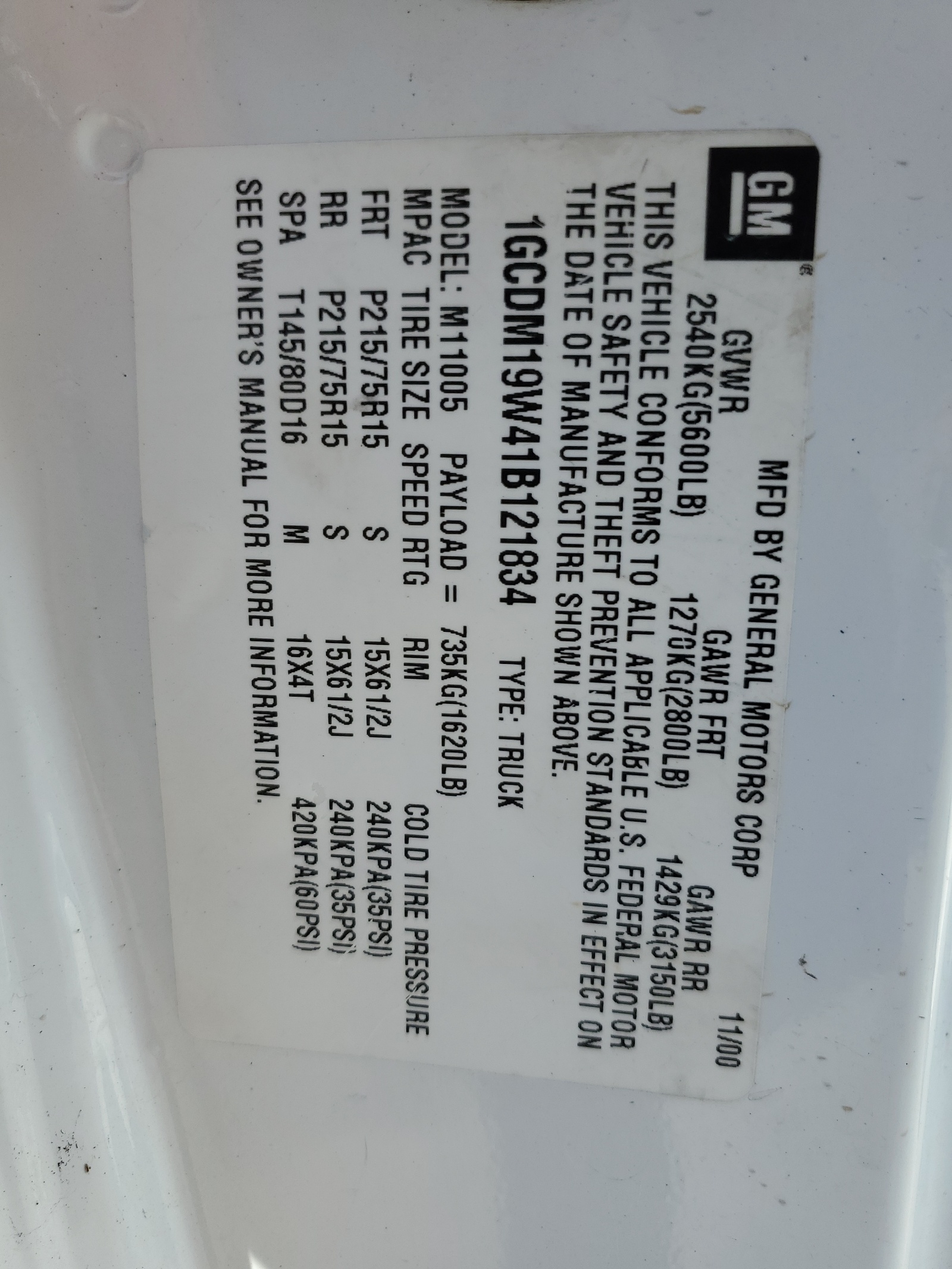 1GCDM19W41B121834 2001 Chevrolet Astro