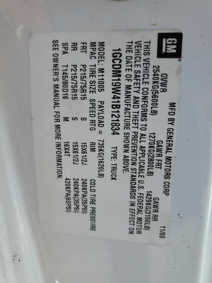 2001 Chevrolet Astro VIN: 1GCDM19W41B121834 Lot: 67437154