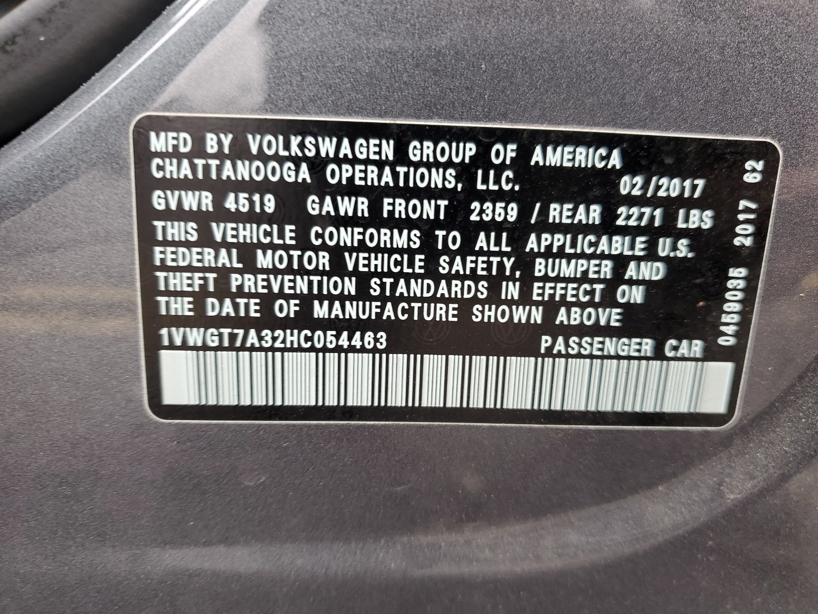 1VWGT7A32HC054463 2017 Volkswagen Passat Se