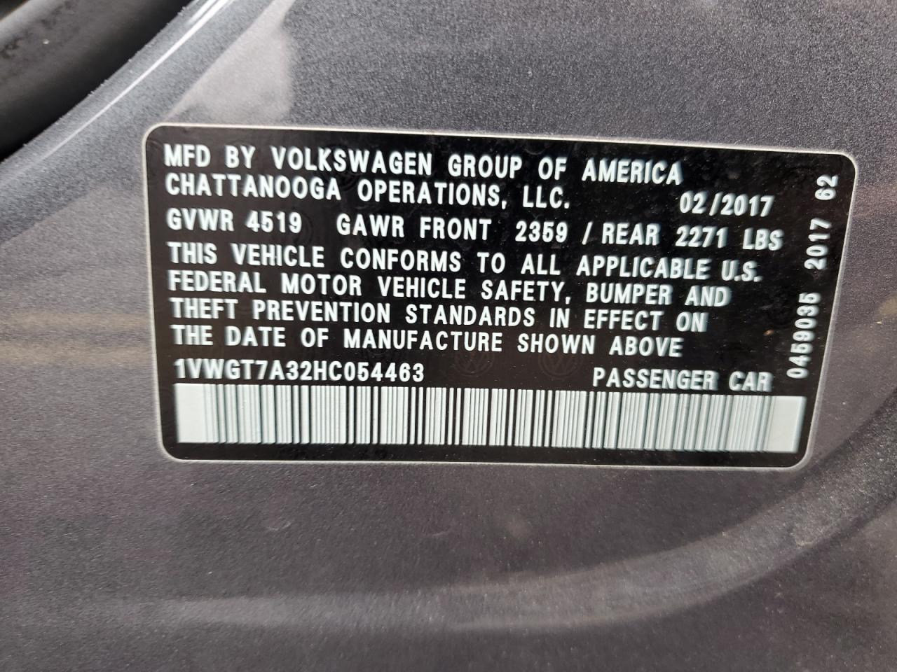 2017 Volkswagen Passat Se VIN: 1VWGT7A32HC054463 Lot: 65359464