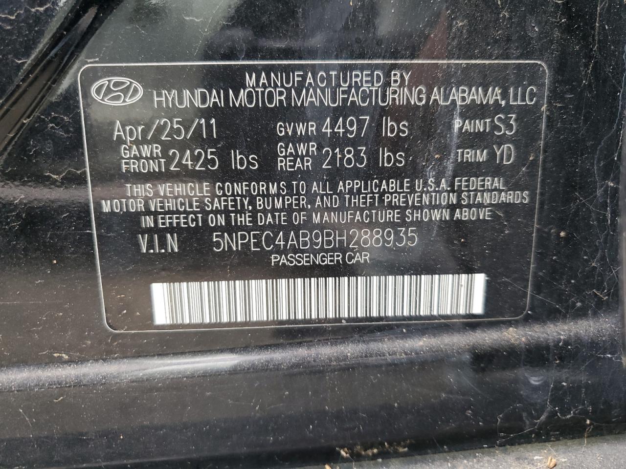 5NPEC4AB9BH288935 2011 Hyundai Sonata Se