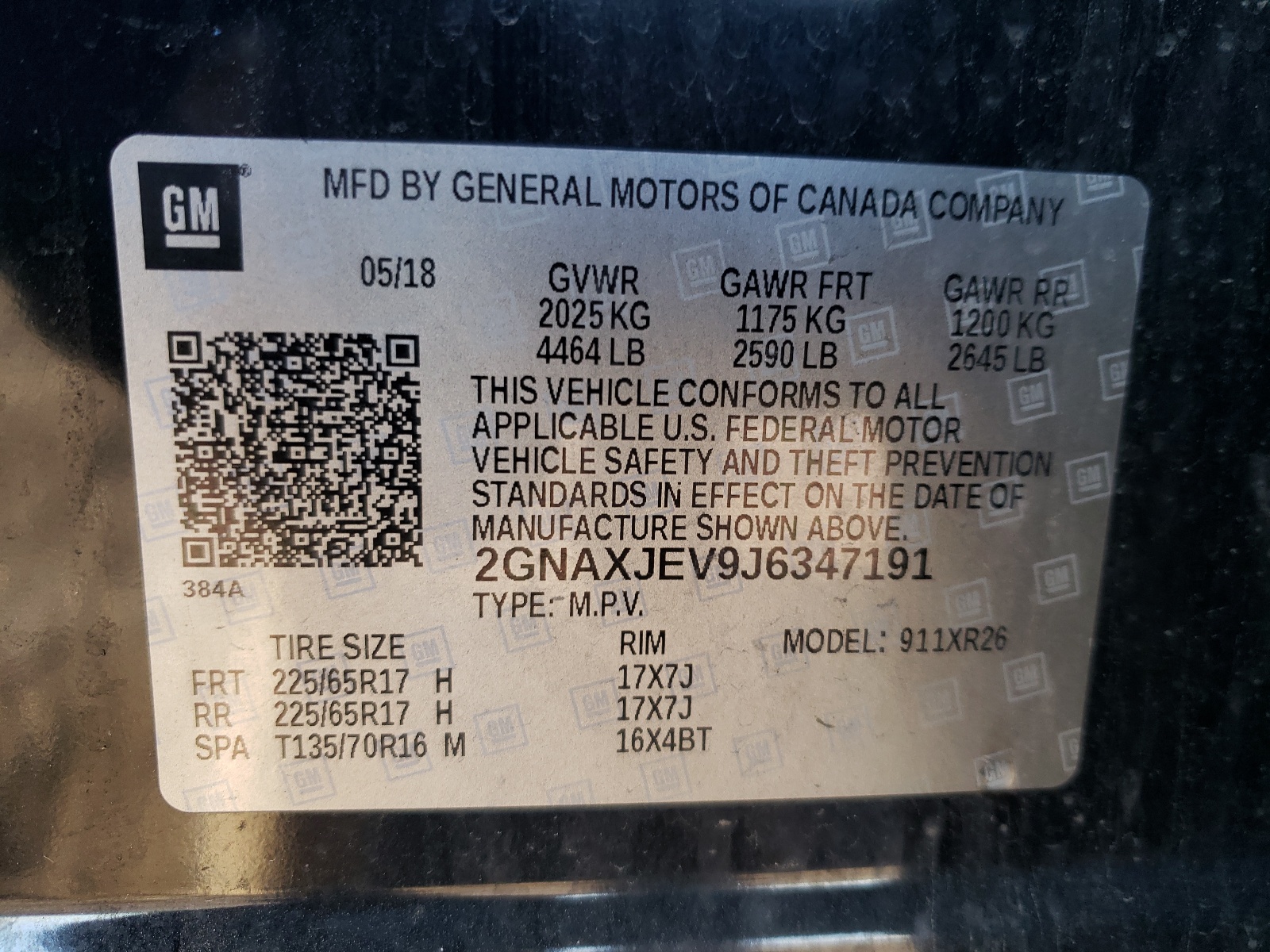 2GNAXJEV9J6347191 2018 Chevrolet Equinox Lt