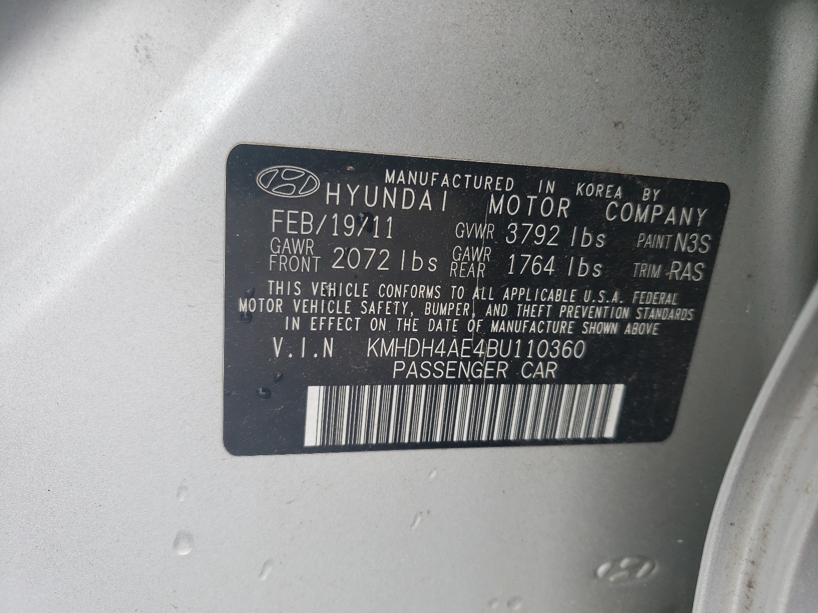 KMHDH4AE4BU110360 2011 Hyundai Elantra Gls