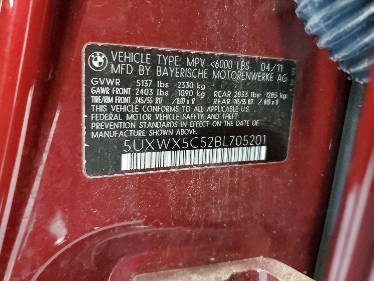 2011 BMW X3 xDrive28I VIN: 5UXWX5C52BL705201 Lot: 67279514