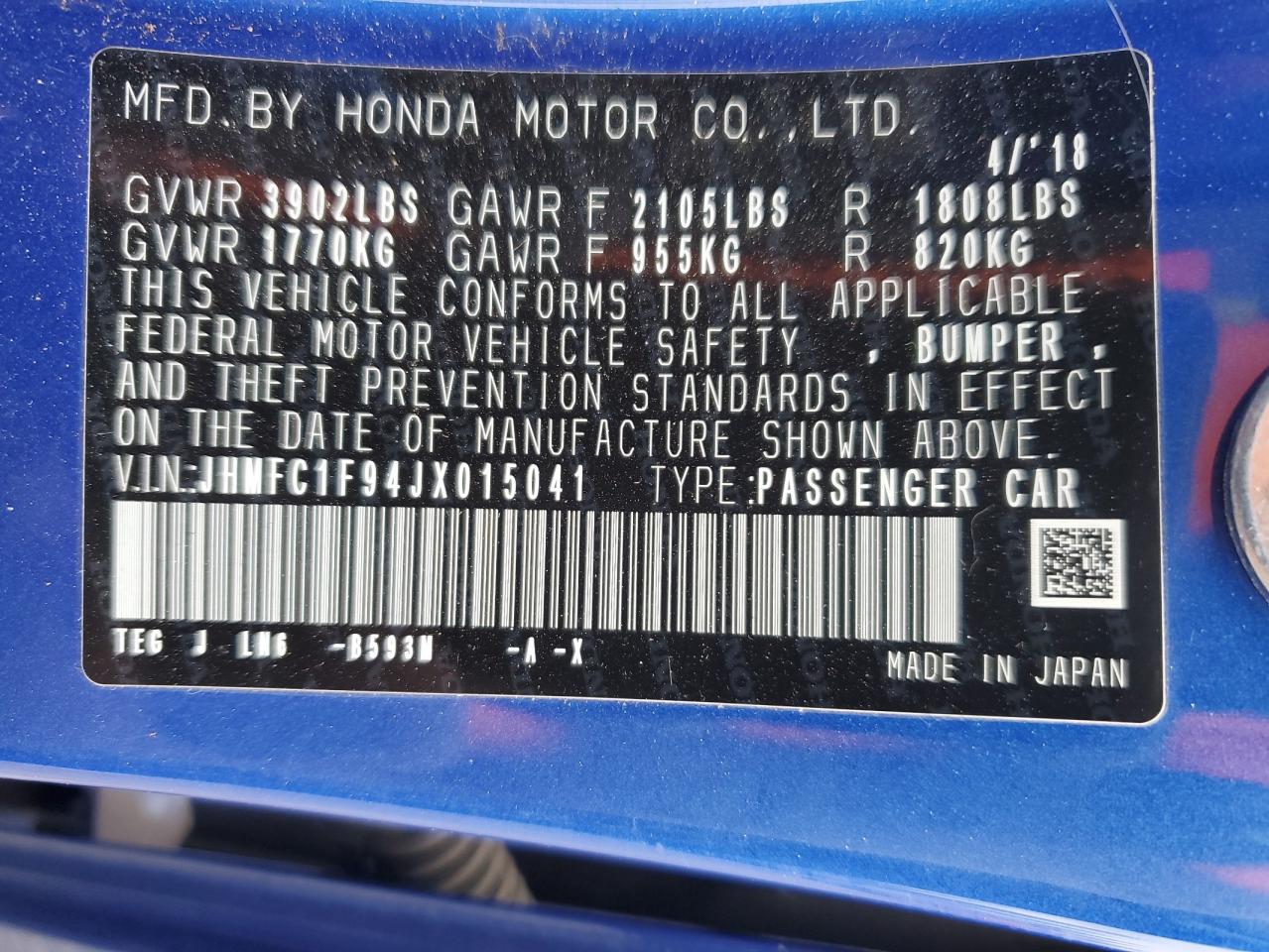 JHMFC1F94JX015041 2018 Honda Civic Touring