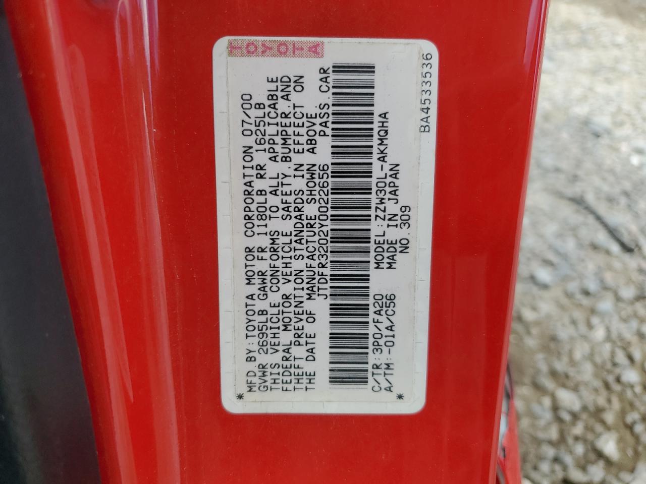 2000 Toyota Mr2 Spyder VIN: JTDFR3202Y0022656 Lot: 65944674