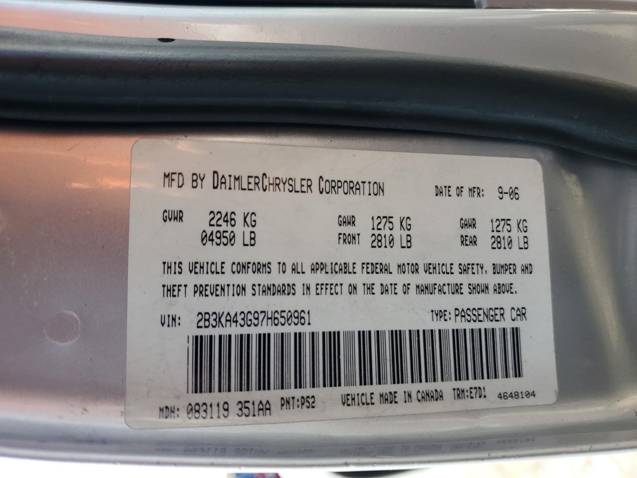 2007 Dodge Charger Se VIN: 2B3KA43G97H650961 Lot: 66236364