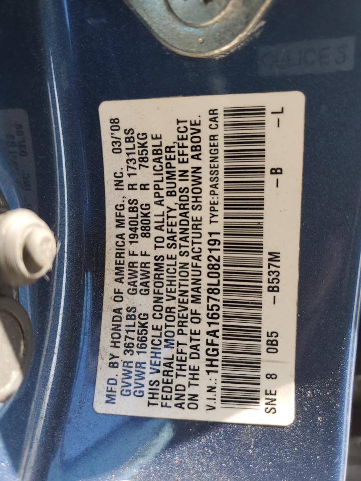 2008 Honda Civic Lx VIN: 1HGFA16578L082191 Lot: 68623504