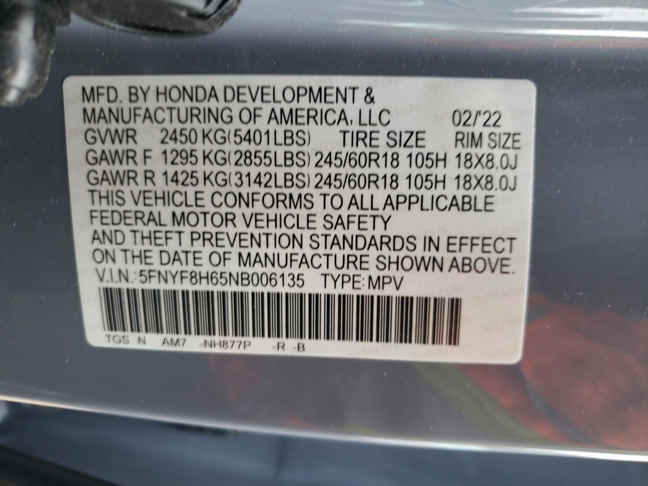 2022 Honda Passport Trail Sport VIN: 5FNYF8H65NB006135 Lot: 65628574