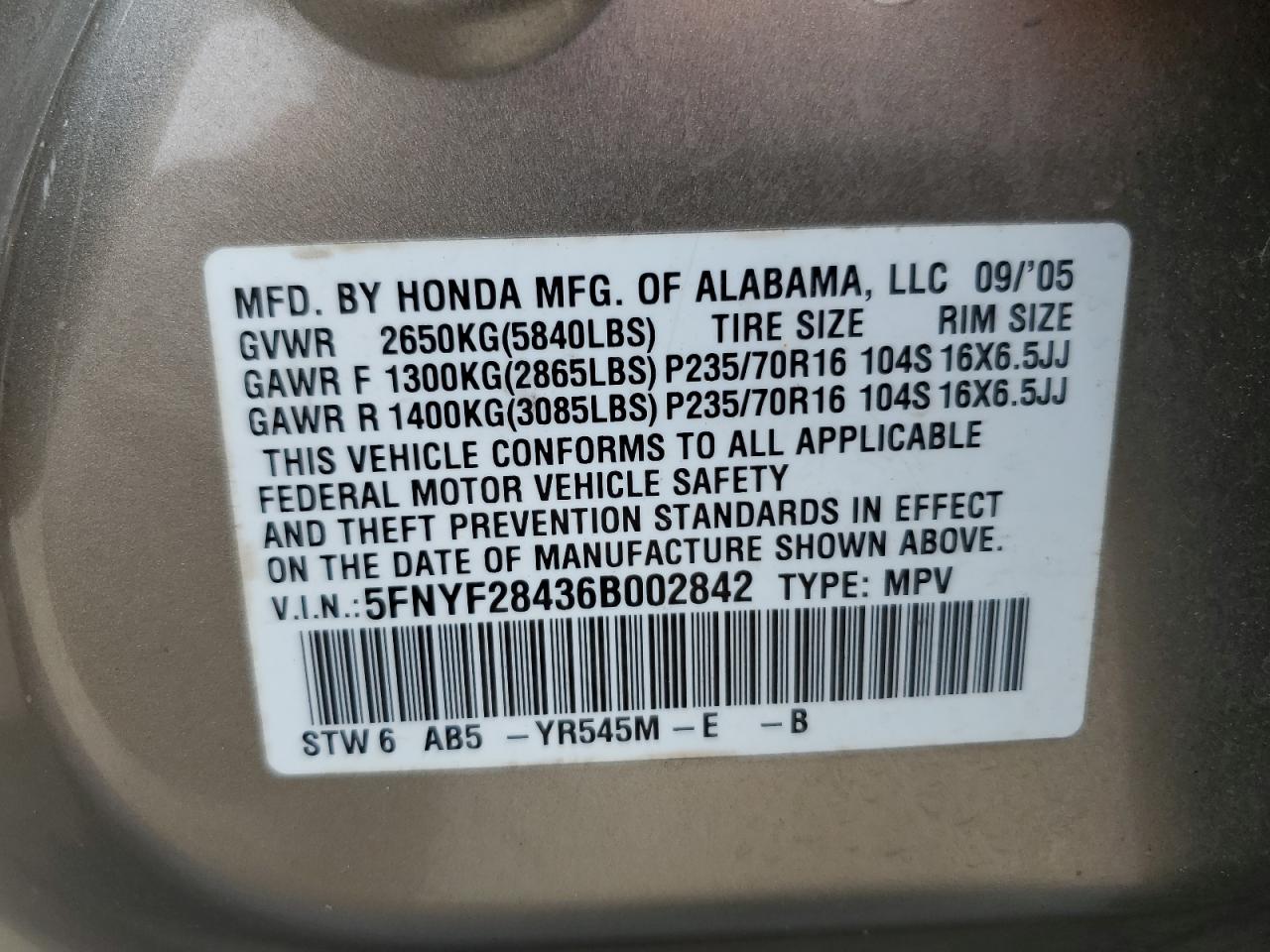 5FNYF28436B002842 2006 Honda Pilot Ex