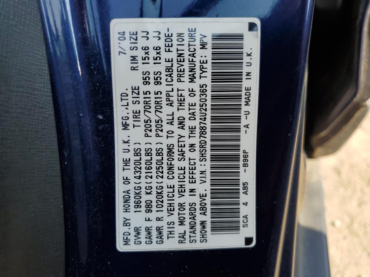 2004 Honda Cr-V Ex VIN: SHSRD78874U250365 Lot: 68392514