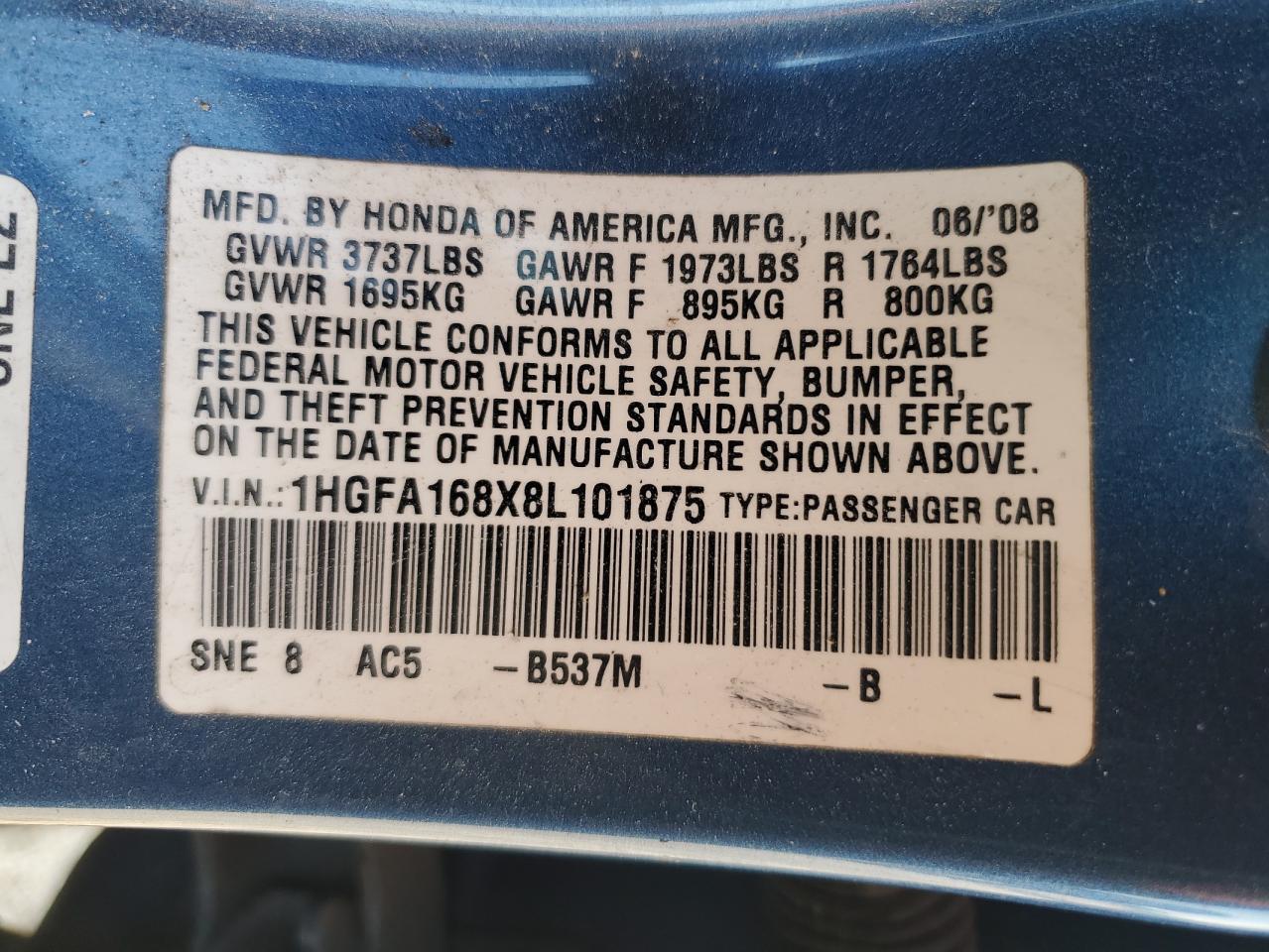 2008 Honda Civic Ex VIN: 1HGFA168X8L101875 Lot: 66139054