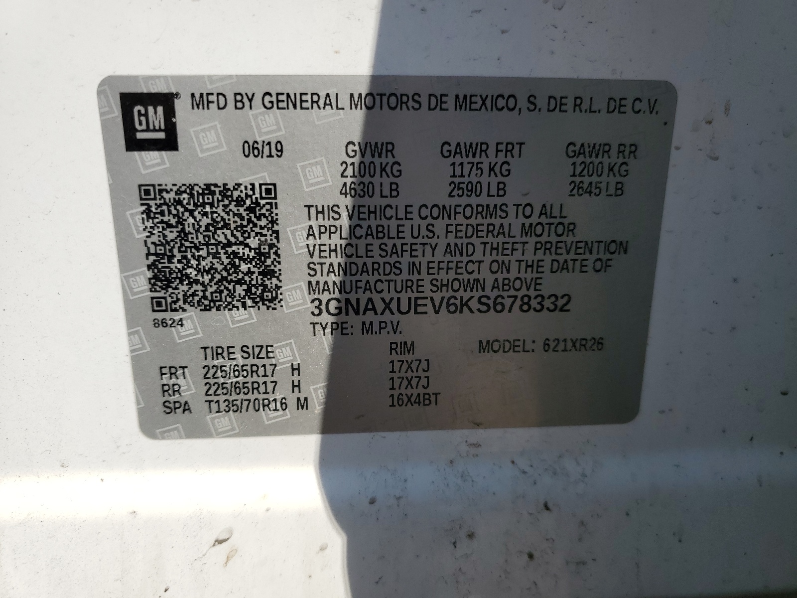 3GNAXUEV6KS678332 2019 Chevrolet Equinox Lt