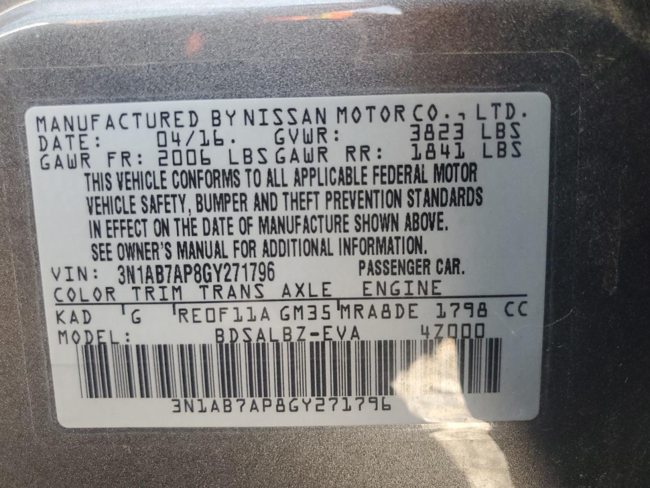 3N1AB7AP8GY271796 2016 Nissan Sentra S