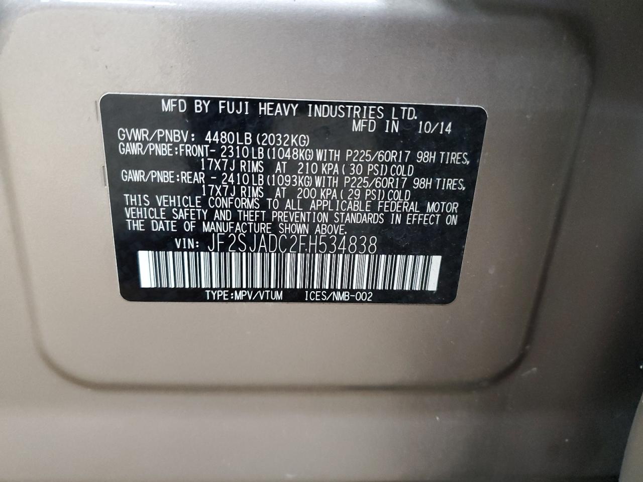 JF2SJADC2FH534838 2015 Subaru Forester 2.5I Premium