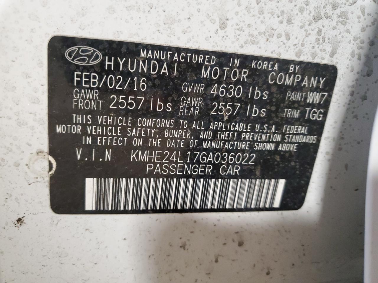 2016 Hyundai Sonata Hybrid VIN: KMHE24L17GA036022 Lot: 68634304