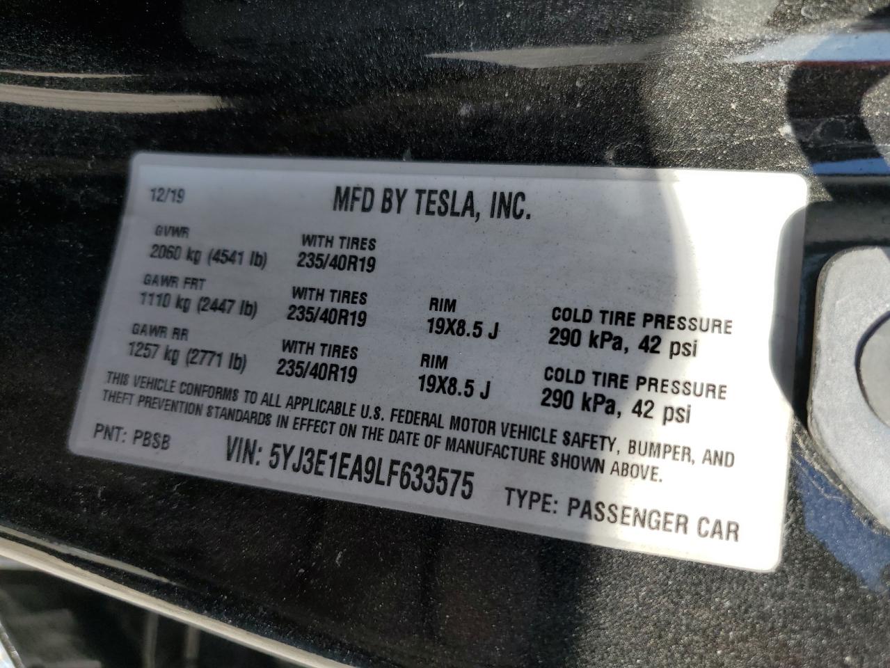 2020 Tesla Model 3 VIN: 5YJ3E1EA9LF633575 Lot: 68438504