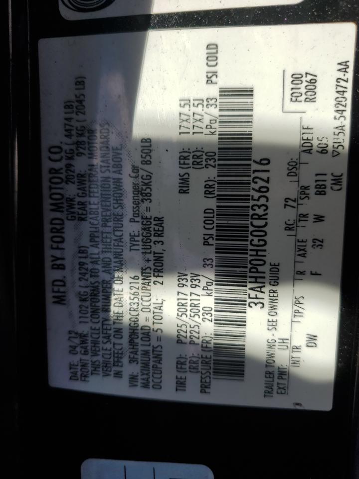 2012 Ford Fusion Se VIN: 3FAHP0HG0CR356216 Lot: 66430854