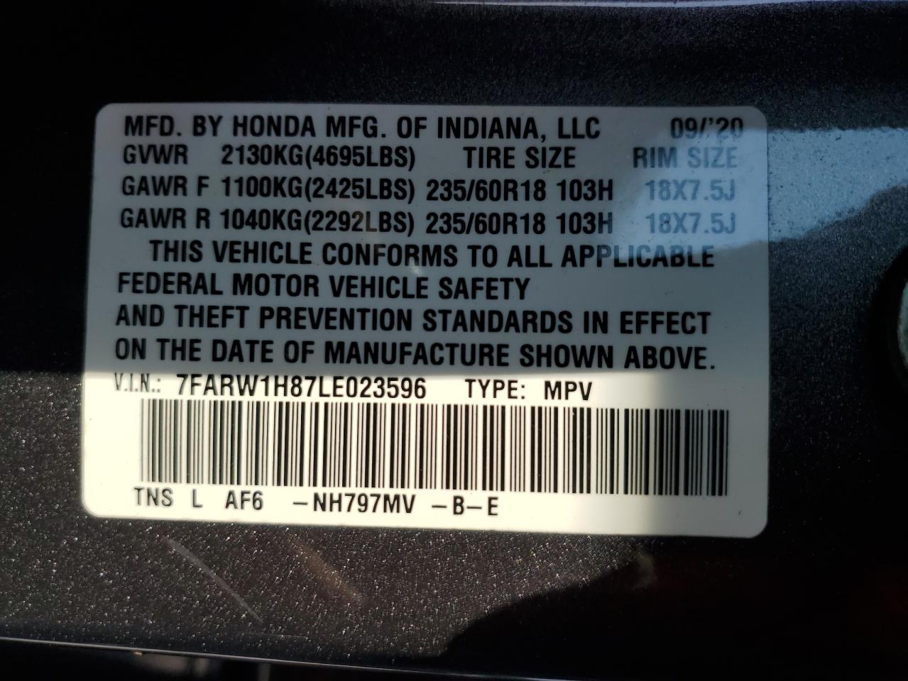 2020 Honda Cr-V Exl VIN: 7FARW1H87LE023596 Lot: 67642624