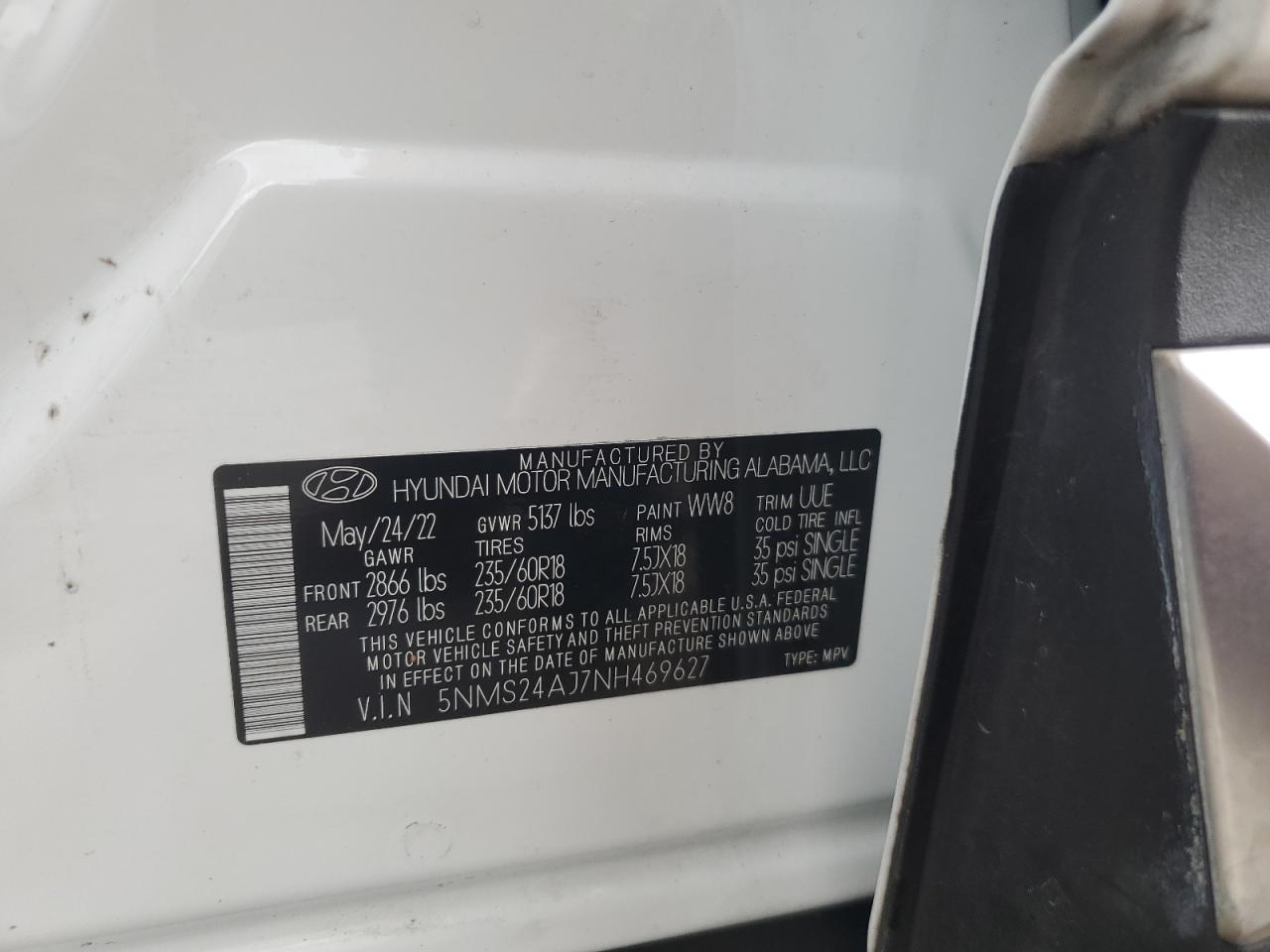 5NMS24AJ7NH469627 2022 Hyundai Santa Fe Sel