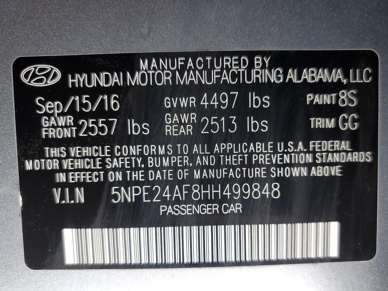 5NPE24AF8HH499848 2017 Hyundai Sonata Se