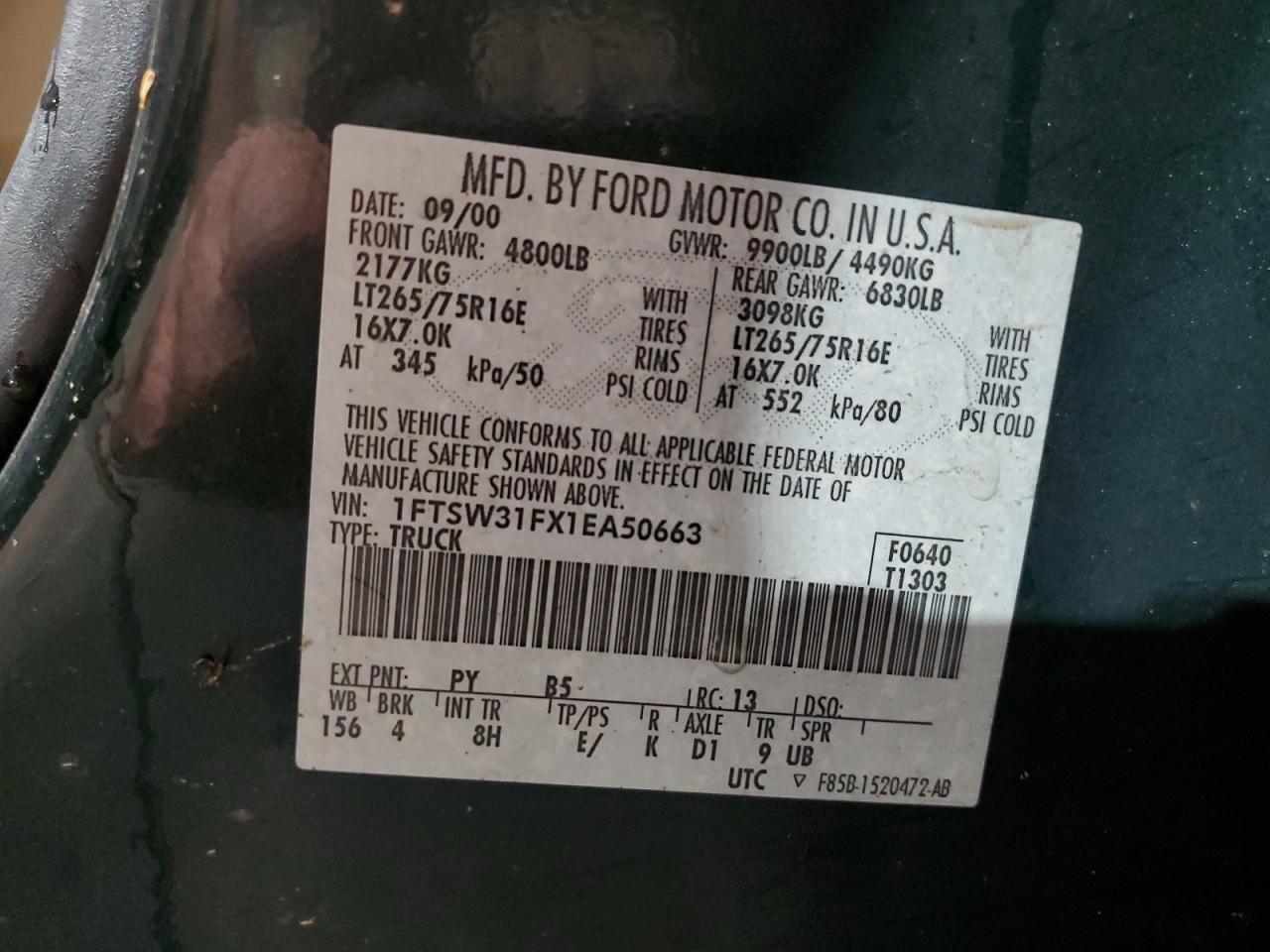 2001 Ford F350 Srw Super Duty VIN: 1FTSW31FX1EA50663 Lot: 66207594