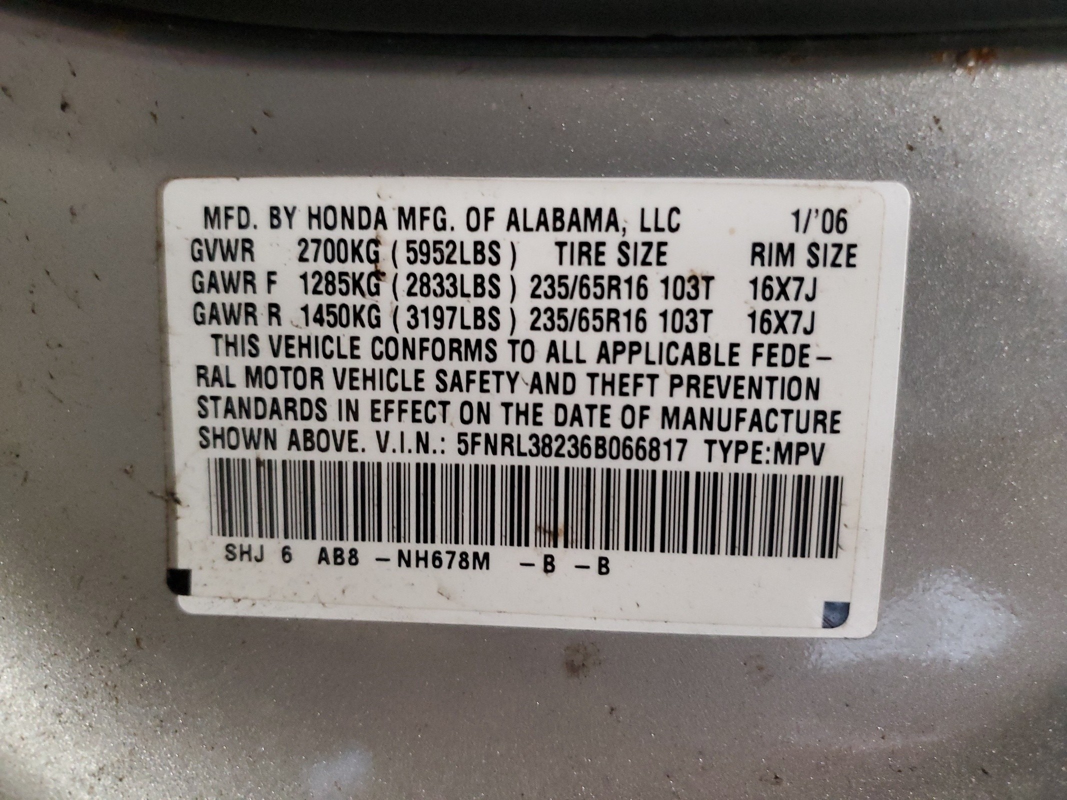 5FNRL38236B066817 2006 Honda Odyssey Lx