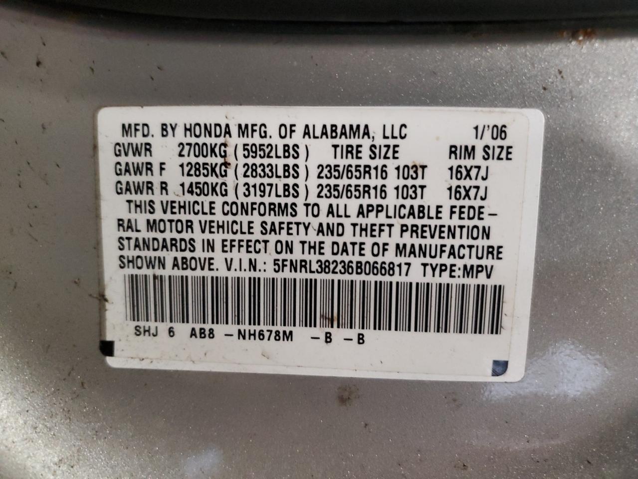 2006 Honda Odyssey Lx VIN: 5FNRL38236B066817 Lot: 65784204