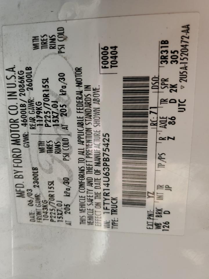 2003 Ford Ranger Super Cab VIN: 1FTYR14U63PB75425 Lot: 68414904