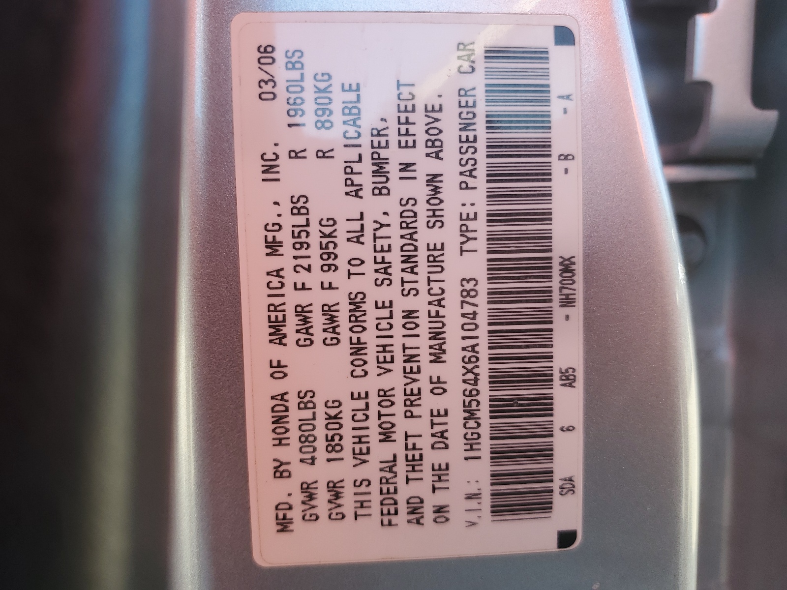 1HGCM564X6A104783 2006 Honda Accord Lx