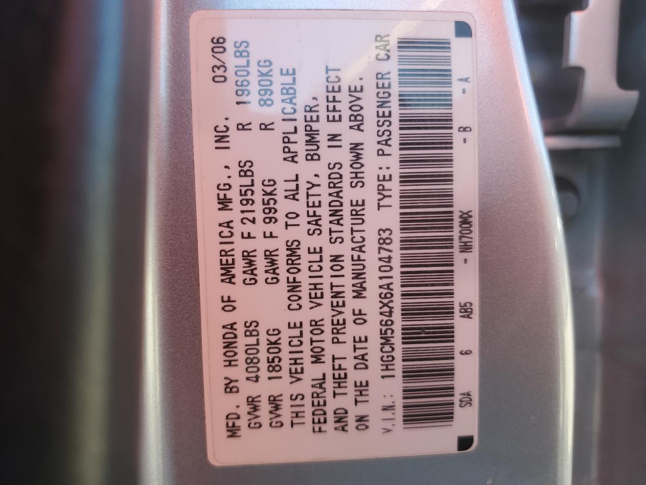 2006 Honda Accord Lx VIN: 1HGCM564X6A104783 Lot: 68252194