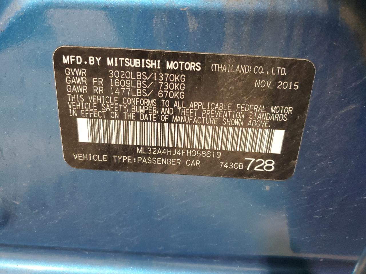 2015 Mitsubishi Mirage Es VIN: ML32A4HJ4FH058619 Lot: 67449204